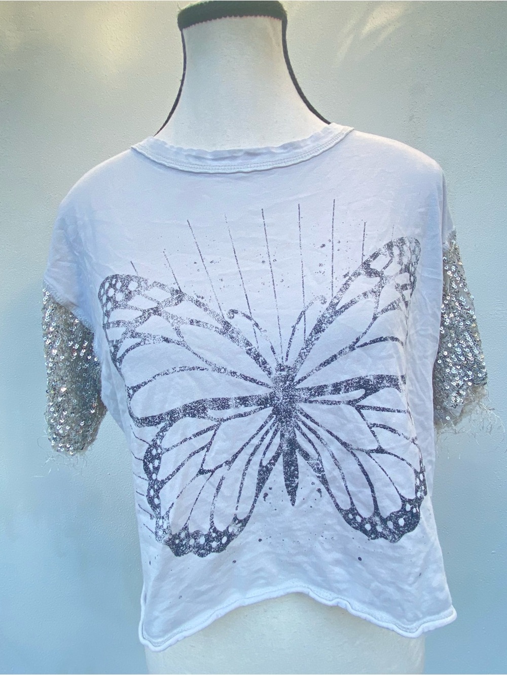 Y2K White & Silver Sequin Distressed Butterfly Short Sleeve Crop Top Large